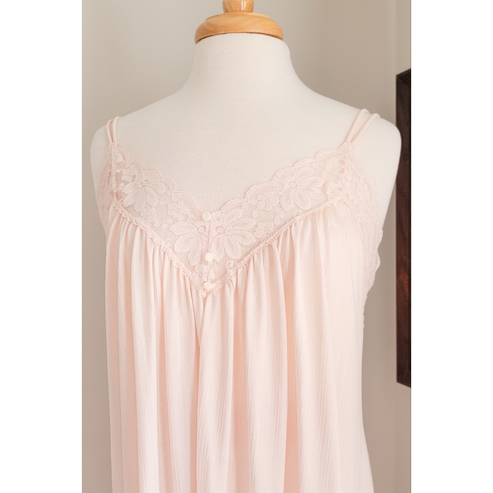 70s Pale Pink Floral Lace V Neck Split Strap Vintage Neutral Maxi Nightgown - Picture 12 of 16